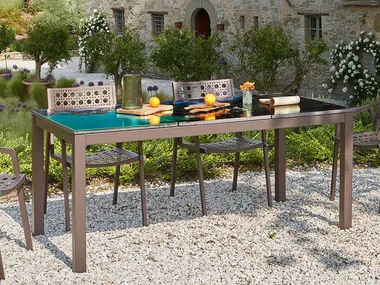 Tavolo rettangolare in pietra lavica maiolicata e acciaio inox LOLLO DOMIZIANI